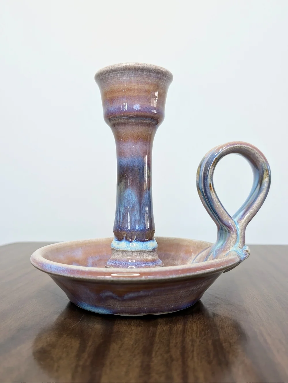 Light Purple, Blue, Tan Handmade Studio Pottery Ceramic Chamber Candle Holder